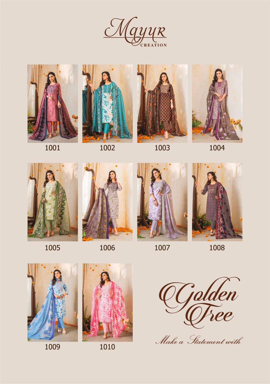 Golden Tree Vol 1 By Mayur Cotton Embroidery Kurti With Bottom Dupatta Wholesale Shop In Surat